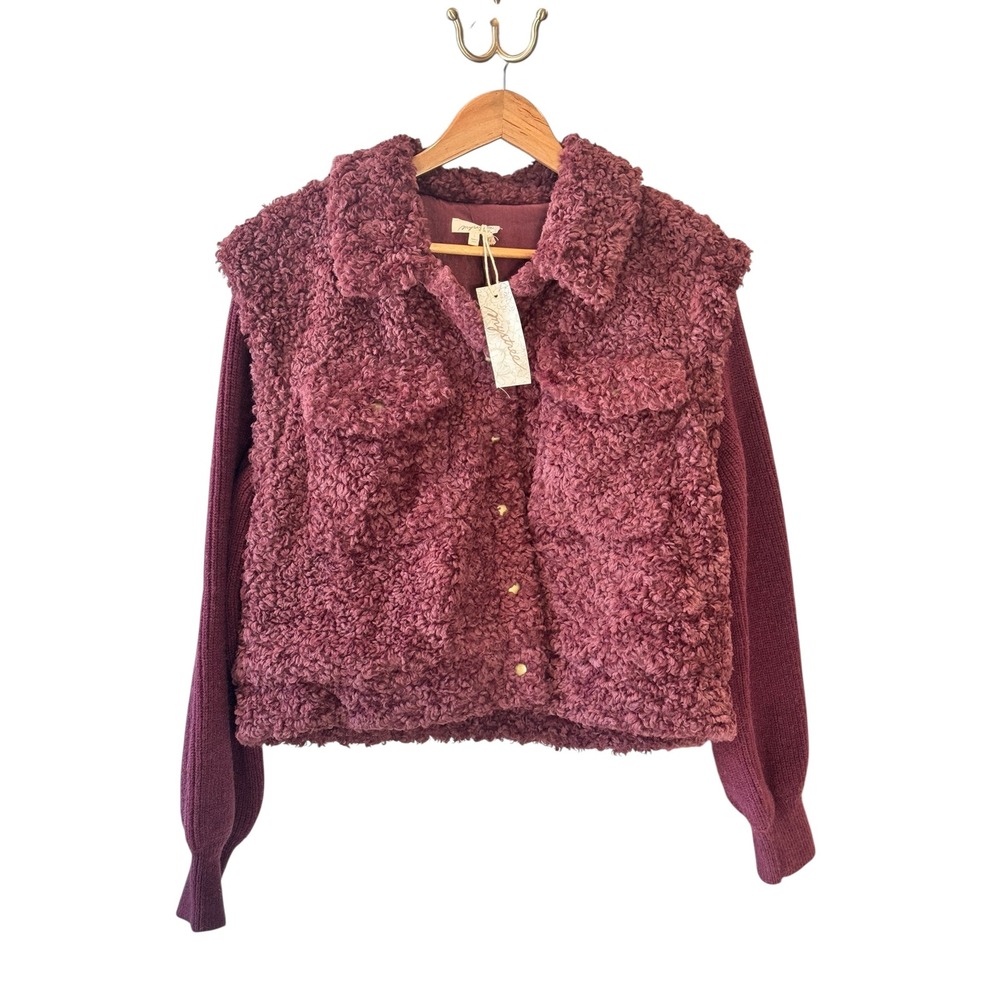 Mystree Womens Large Sherpa‎ Faux Fur Knit Sleeve Jacket Burgundy Snap Front NWT